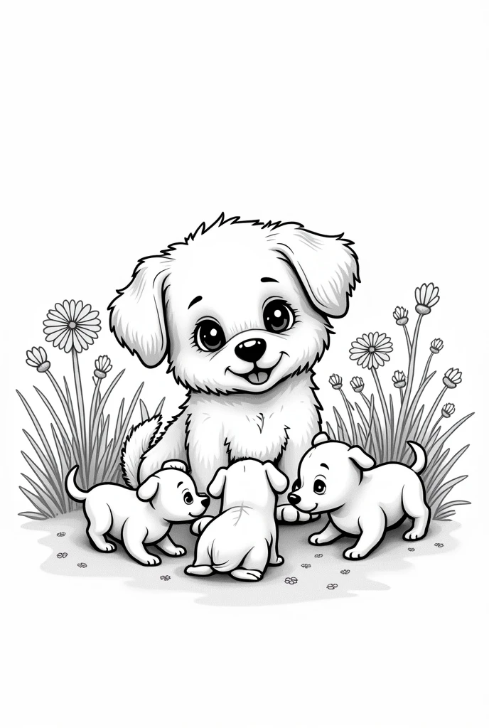 I want a black and white drawing to color of a cute dog with lots of puppies
