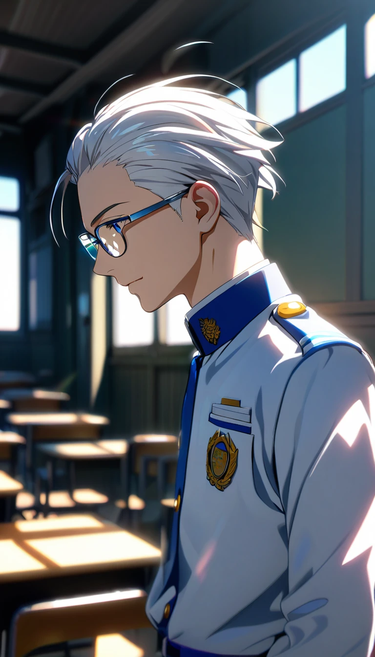ayanokouji kiyotaka's uniform, 1boy, male focus, white hair, blue eyes, upper body, sunshine, classroom, glasses, ray tracing, blurred background,