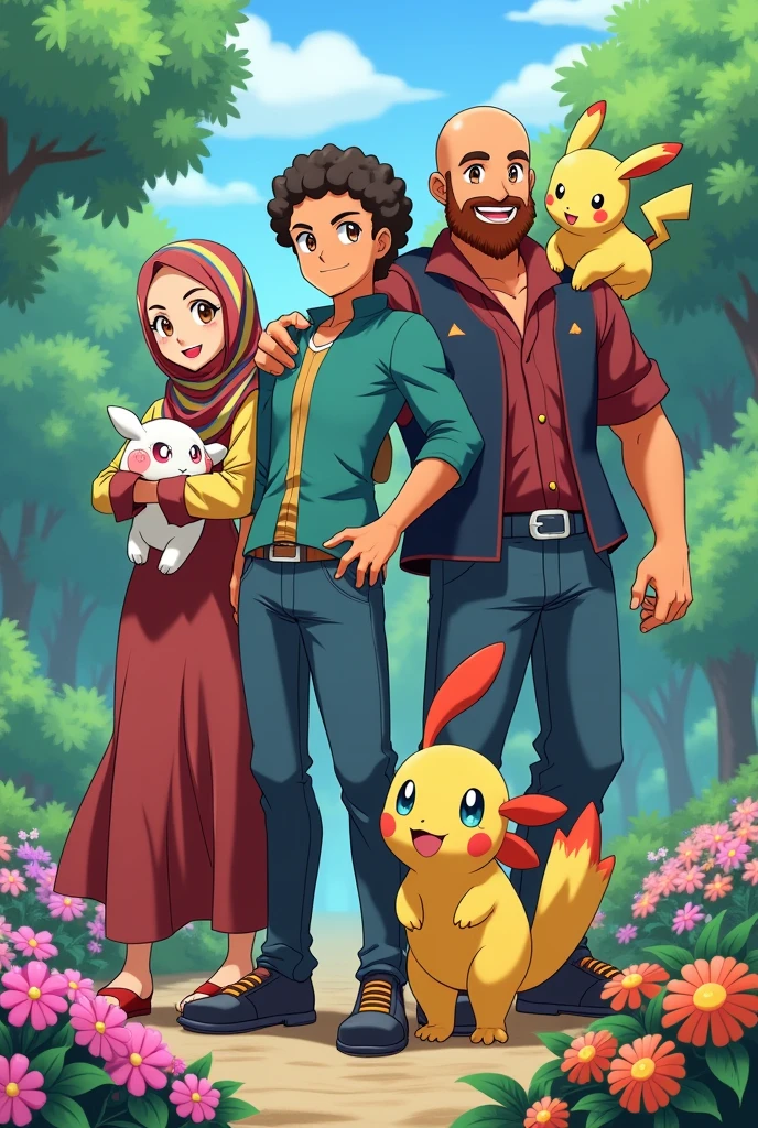 (Please pay attention to all the points I write and take it into the picture)
3 adults, I am a Pokemon trainer with a hijab, fair skin, brown eyes, curvy body with long clothes
Then my brother, a Pokemon Trainer, with medium length curly hair and full beard, sturdy, leicht gebräunt und brown eyes.
Then my husband, a Pokemon Trainer, with a bald head, slightly red full beard, sturdy, white skin and green-blue eyes.
The three of us have the starter Pokémon from Kanto, Glumanda, schiggi und bisasam