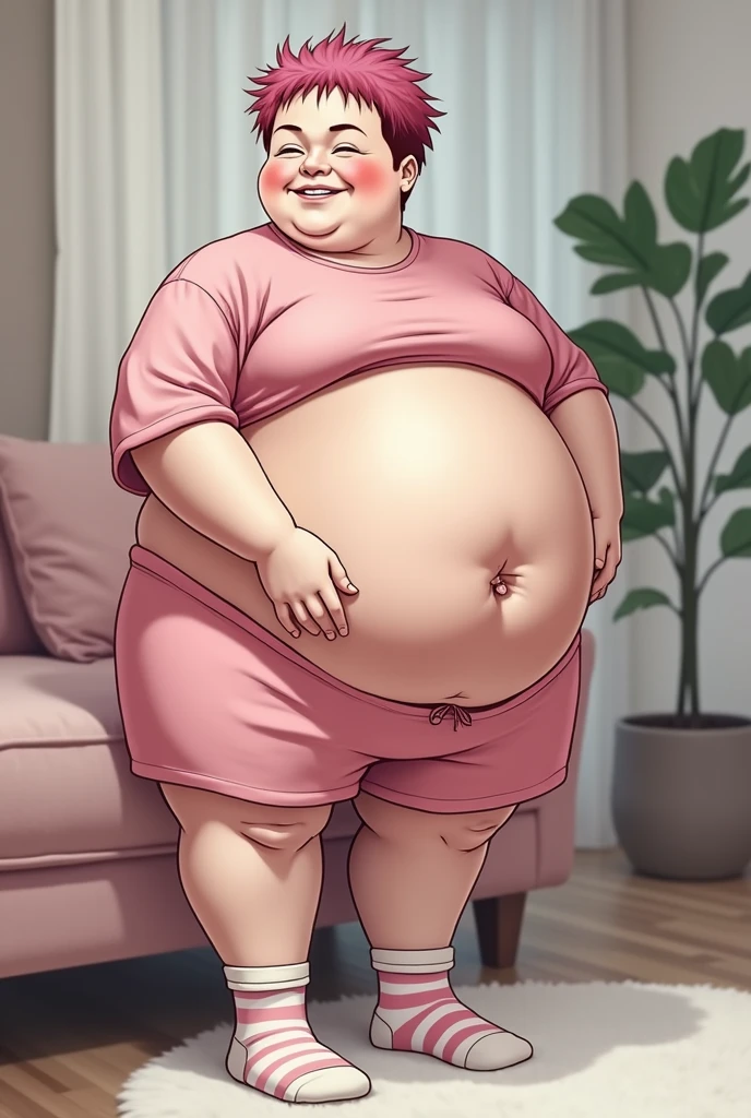 Sssbbw, morbidly obese, male, gluttony hungry, cozy, pink messy boy cut, feminine boy, stuffing over full stomach, tiny crotch bulge, pink shirt, no shoes, arms bent at sides, rubbing belly, pink shorts_v1.2, striped socks, deep navel, happy, indoors, comfy room, Masterpiece_2.1, 1080P