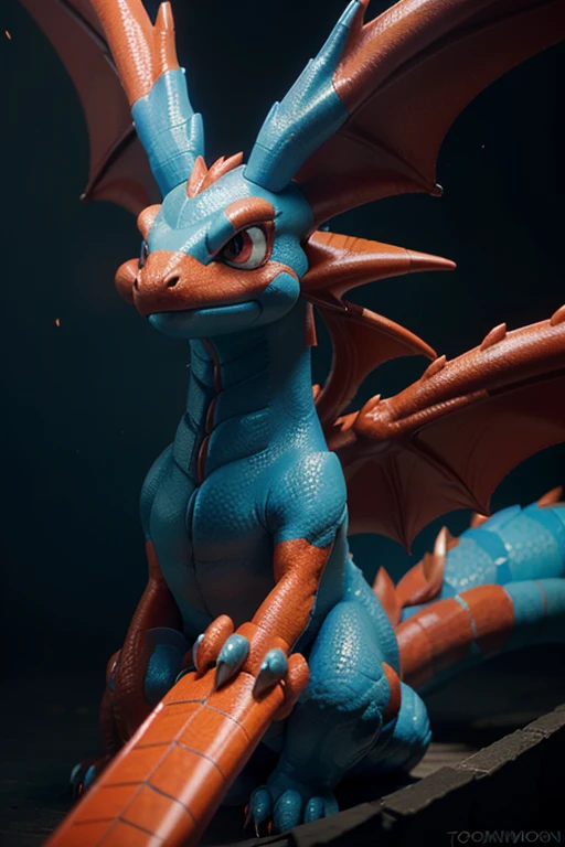 a close up of a cartoon dragon with a red and blue tail, a screenshot inspired by Pinchus Kremegne, tumblr, hurufiyya, similar to pokemon, dra the dragon, a red dragon, guggimon, new pokemon, fire type, style of pokemon, but as an anthropomorphic dragon, roshan, legendary dragon