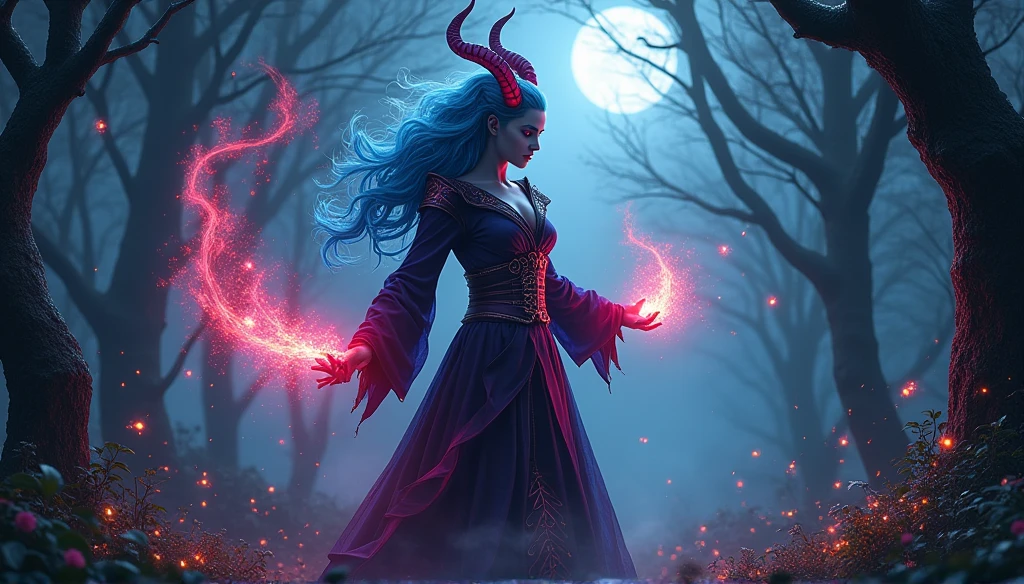 (a blue-haired demon woman,spells:1.1,glowing:1.1)(illustration)(best quality,ultra-detailed,realistic:1.37),demonic witch(demonic:1.1)(magic:1.1)(forest)(dark and mysterious,ominous atmosphere),casting powerful spells,creating magical energy(magic:1.1),vibrant pink hair(swirling pink hair)(flowing pink hair),horns(devil horns:1.1),piercing red eyes,enchanted scepter(magical scepter),elaborate dark robe,glowing magical sigils,fiery embers swirling(magical embers:1.1)(glowing embers),magical aura(glowing aura),eerie shadows,otherworldly presence(presence),sinister smile,nightfall in the background(dark night:1.1)(moonlit forest),lush and dense foliage(twisted trees)(mystical plants:1.1),mystical particles(swirling particles)(floating particles),ethereal glow(ethereal:1.1)(soft glow),faint moonlight breaking through the trees,haunting and captivating(scary atmosphere),bewitching beauty,wide range of colors(vivid colors)(contrasting colors),mystical realm,impressive details,dynamic composition,mesmerizing artwork,photorealistic style(picasso style),impressive shading and lighting,explosive energy,magical atmosphere(fantasy atmosphere),dreamlike scene