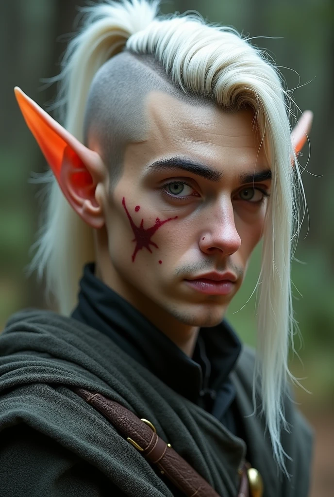 like pointy ears. He has a light complexion, a slightly hooked nose, dark magenta eyes, thick black eyebrows, a space between the front teeth, bags under the eyes and ash blonde hair shaved under the top, with a long, irregular lock. He has a notch on his left ear and scars on his right cheek.