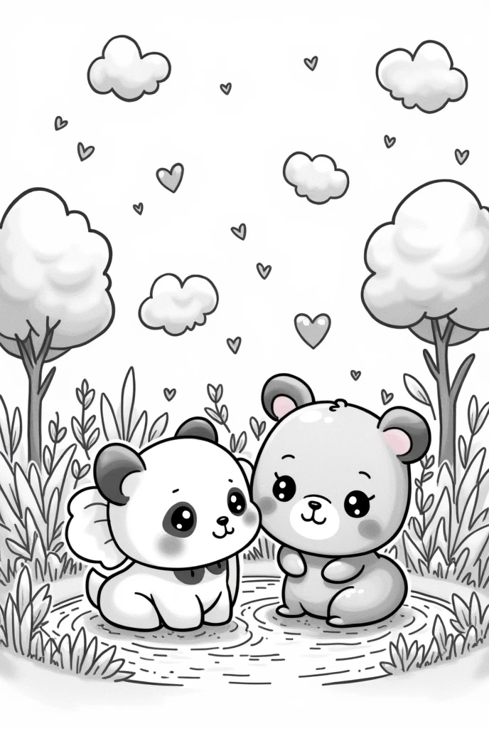black and white drawing of zoo animals in kawai style
