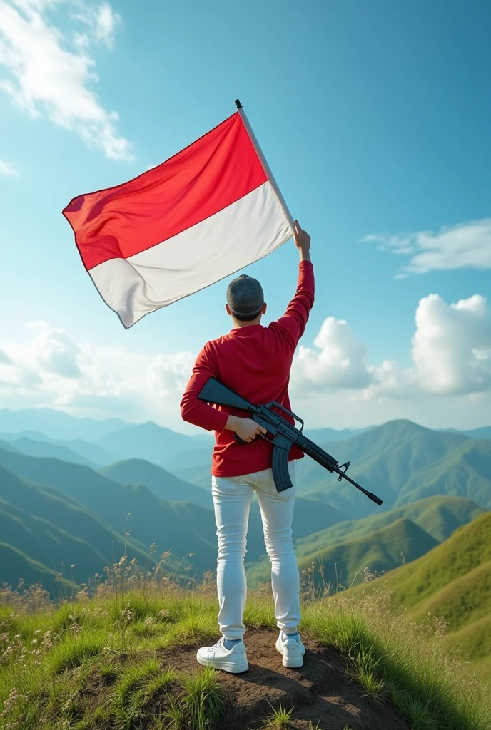 Displaying high resolution full hd, a Korean man with a smooth face wearing a long-sleeved red shirt, wearing torn white jeans, He was wearing a beanie hat and white sneakers, holding the Indonesian flag in his left hand and an M16 rifle in his right hand., The man stood on the hill, raising a flag in his left hand., beautiful scenery background from the top of the hill, realistic