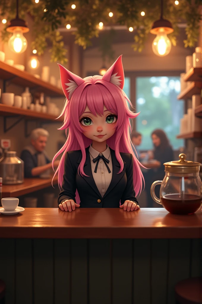 Cat girl, pink hair, dark suit, cafe background