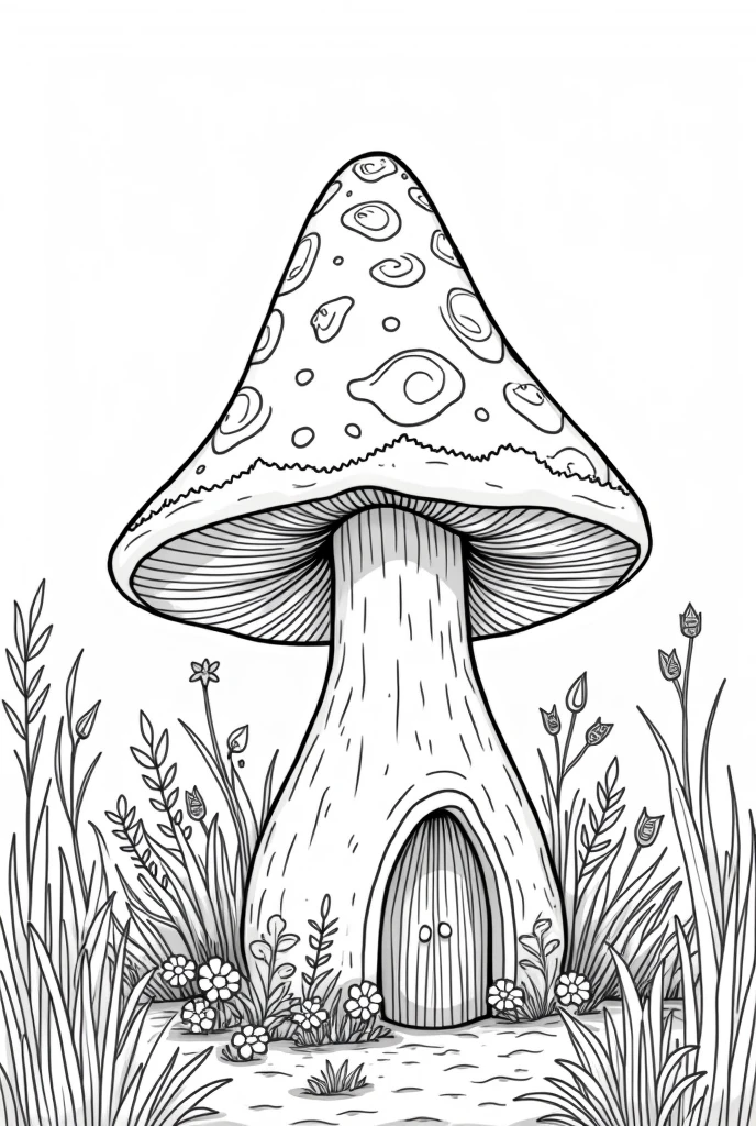 Generate a mushroom House coloring book pages high details no grayscale no color black and white  nature background 