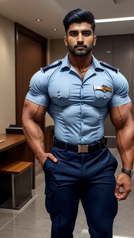 indian gurjar hunk in navy security guard uniform with batches on shirt and huge bulge