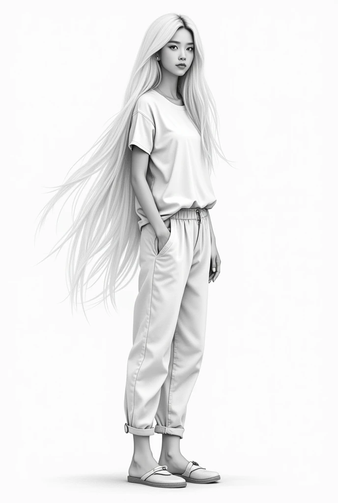 Handmade Pencil Sketch, A WomanHandmade Pencil Sketch, A Woman, , with long white hair, hair down to the foot, teenager, Chinese, shirt, canvas pants, heel toe. 
