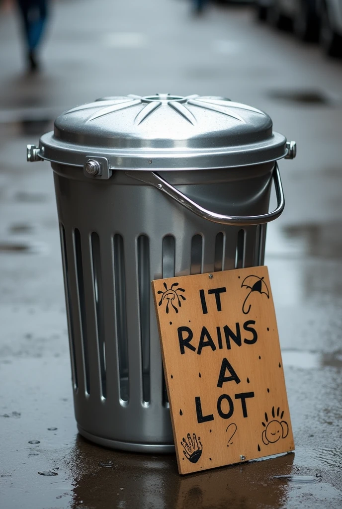 A silver chrome plastic laundry basket in the middle of the sidewalk with a sign that says "
" It rains a lot