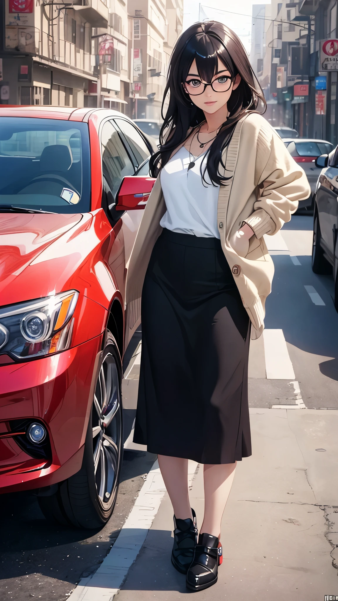 (highest quality,4K,8K,High resolution,table top:1.2), super detailed, (realistic,photorealistic,photo-realistic:1.37),((full body)), Unfortunate,Glasses,((black hair)), ((long hair)),((she's taking a Car Photography2.0)),tight-design-sweater,maxi-length-long-skirt,necklace,shoes,beautiful and fine eyes, beautiful detailed lips, highly detailed eyes and face, long eyelashes, realistic anime 3D style, Smooth anime CG art, Digital rendering by Makoto Shinkai, Moe anime art style, photorealistic rendering of an anime girl, Shinkai Makoto style, Cute anime girl visuals, realistic young anime girl, girl fan art, Created by Anime Artist'studio of.
