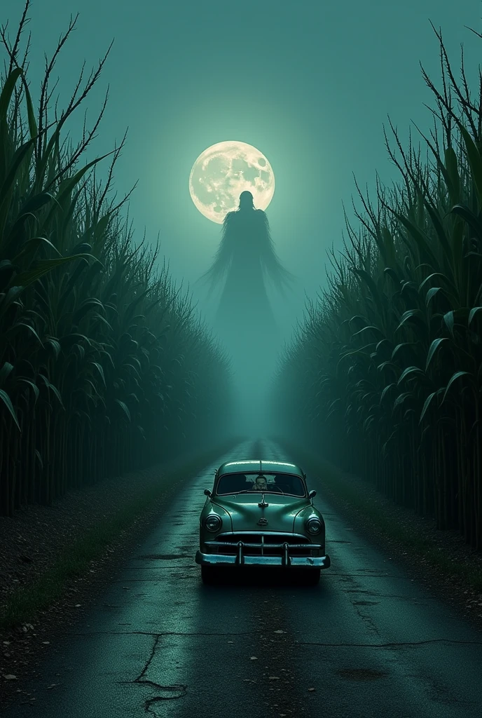 A deserted, winding road that cuts through a tall, dense cornfield, illuminated only by the pale light of the full moon. The corn ears are abnormally tall, as if they were growing beyond their natural limits, forming tight walls of vegetation that seem to almost close the road. The asphalt is cracked and covered in dry leaves, while creeping fog accumulates along the way, partially obscuring what lies ahead.
In the middle of the road, there's an abandoned car with the doors open, its broken headlights still flashing intermittently. Deep scratch marks cover the bodywork, and the interior is empty, except for a single porcelain doll lying in the passenger seat, with a sinister smile and eyes that seem to follow any movement around. The trees on the roadside are dry and twisted, with branches that resemble skeletal hands reaching out.
From within the cornfield, uneasy sounds of movement and unintelligible whispers can be heard, as if something or someone were approaching, hidden among the corn ears. over the horizon, a vaguely defined human figure, of misshapen appearance, it rises above the road, like a giant shadow, immobile, watching. The air is charged with static electricity, and the feeling that something is about to emerge from the darkness is overwhelming, while the road seems to stretch infinitely, No end in sight, imprisoning whoever ventures into it.