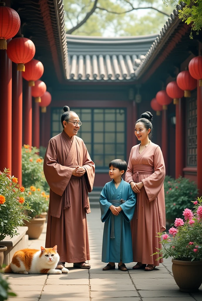 Family of cultivator a/ father handsome middle-aged man /mother beatiful strict lady with hair in a bun/ jade beauty daughter about eighteen/ a handsome big brother with silver frames glasses abouta twenty /a handsom little brother about sixteen in a blue night daoist robe/a with rainbow colored/a fat white and orange cat/chinese style