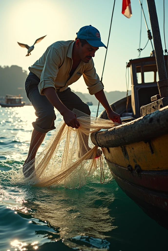 A man jumps from boat to tie a rope on fishing net but unfortunately his foot slipped and got a cut wound.