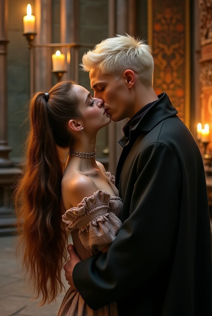 Une fille au cheveux, marrons, et noués en queue de cheval embrassant Draco Malfoy au cheveux blonds platine et courts.