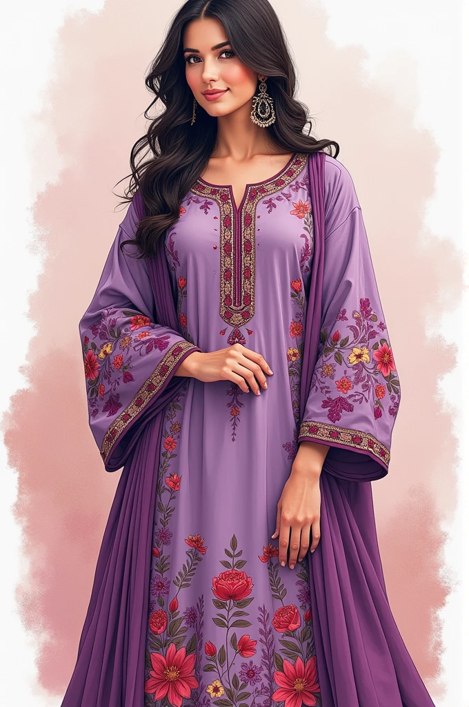 ((best quality)), ((masterpiece)), (detailed), illustration of clothing art with colours combo of lavender, magenta, maroon, floral. Please add long shirt kameez which is mostly wore by asians punjabi people