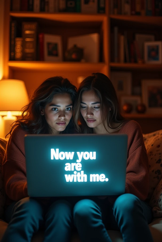 Neighbors in a room with a computer screen that reads 'Now you are with me'