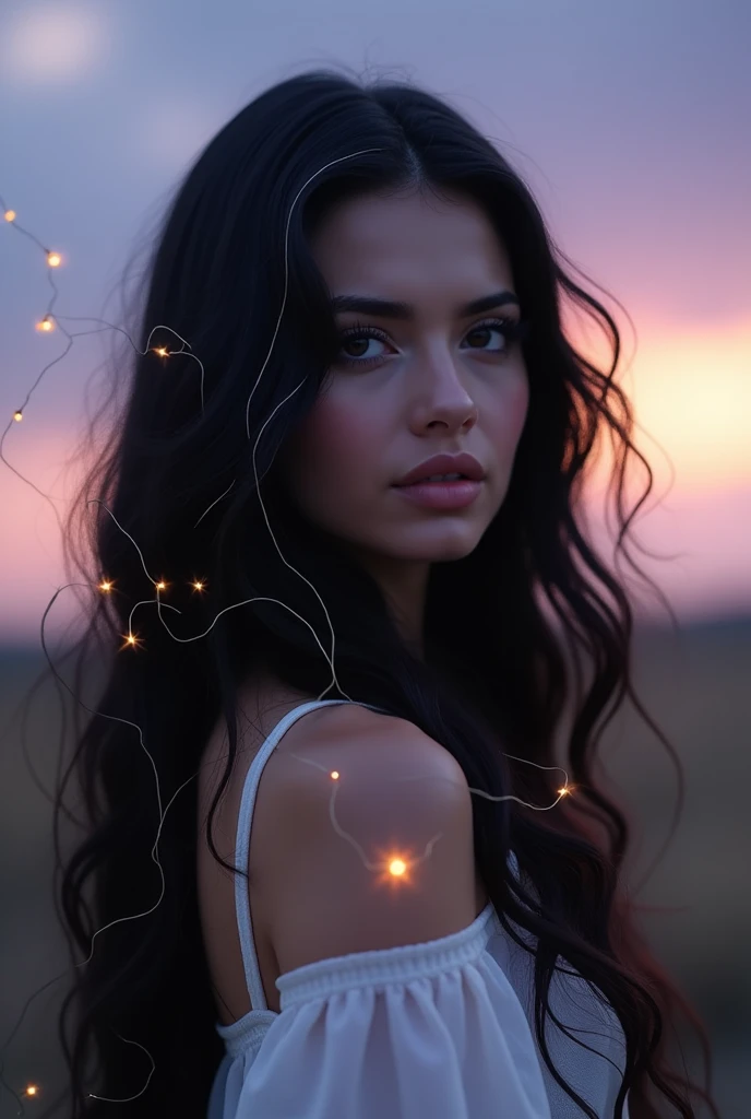 white woman with long black hair with white streaks, sapphire eyes 
