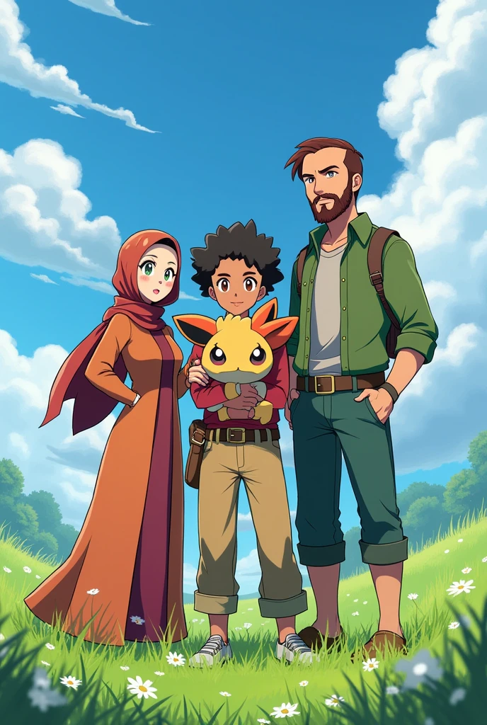 (Please pay attention to all the points I write and take it into the picture)

3 adults, I am a Pokemon trainer with a hijab, fair skin, brown eyes, curvy body with long clothes

Then my brother, a Pokemon Trainer, with medium length curly hair and full beard, sturdy, leicht gebräunt und brown eyes.

Then my husband, a Pokemon Trainer, with a bald head, slightly red full beard, sturdy, white skin and green-blue eyes.

The three of us have the starter Pokémon from Kanto, Glumanda, schiggi und bisasam
