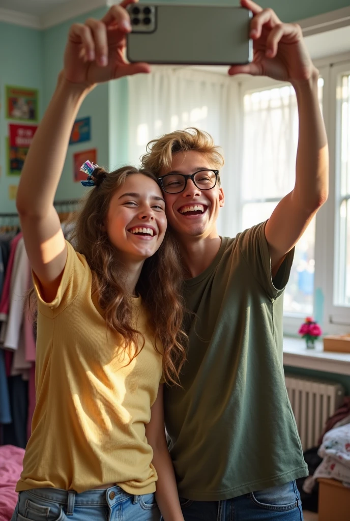 2 teenagers taking a selfie in front of the mirror with their smartphone