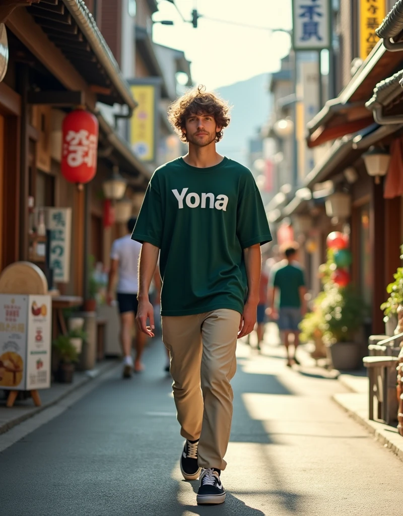 Adult male with brown curls walking with his back to the camera, wearing an oversized dark green shirt that says Yona., Beige pants. A street in Japan in the background. at daytime. . Black Vans shoes with white stripes 