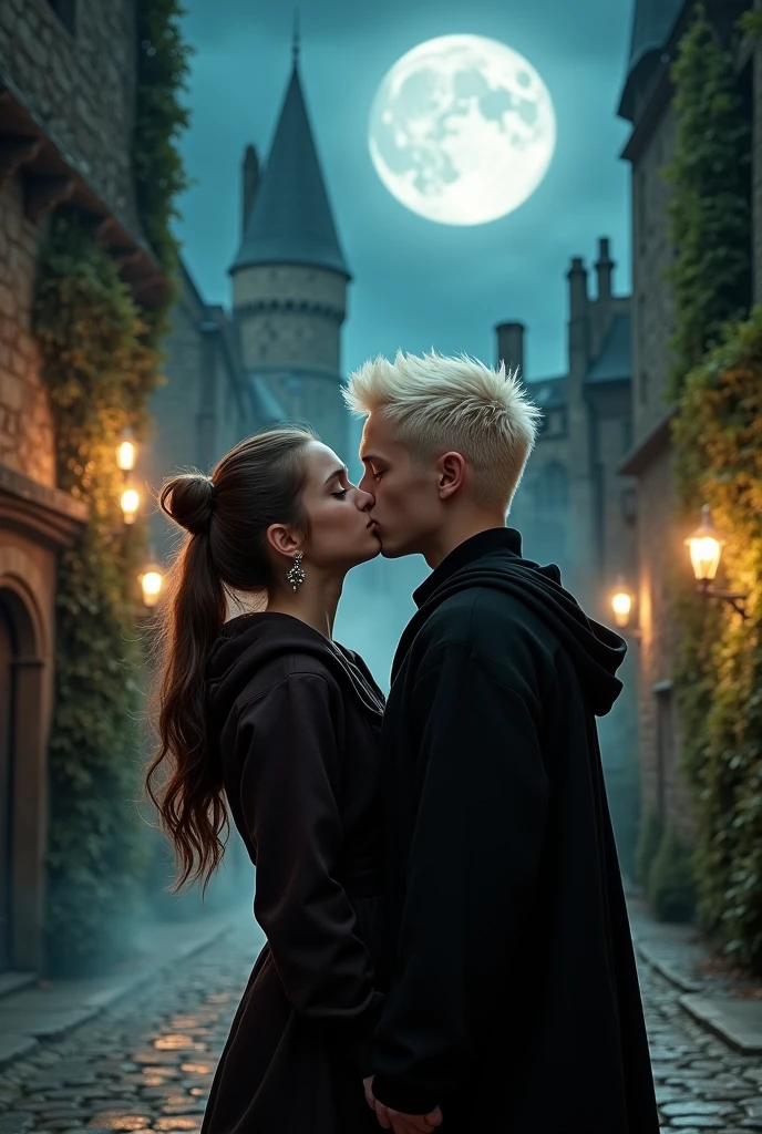 Une fille au cheveux, marrons, et noués en queue de cheval embrassant Draco Malfoy au cheveux blonds platine et courts.