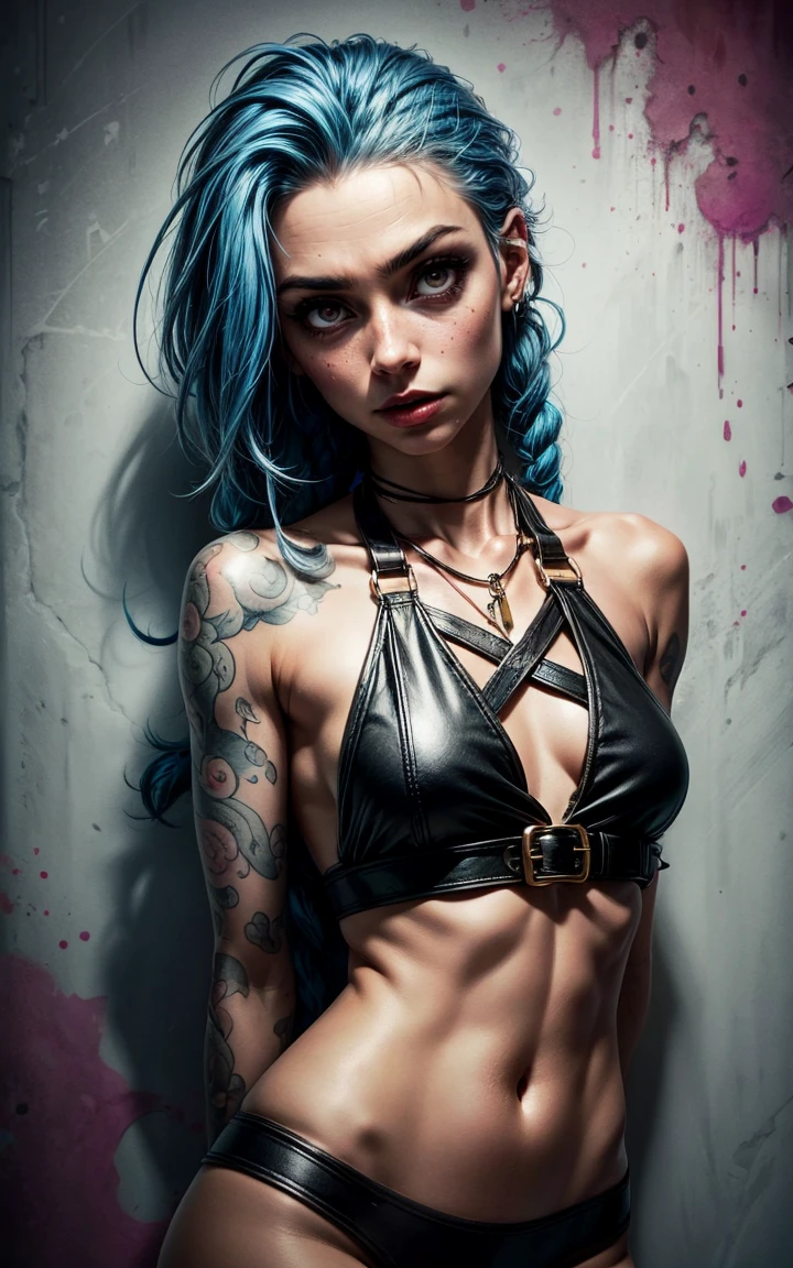 master part, best quality, Jinx de Arcane mostra-se com uma figura bastante esbelta. Ela tem cabelos branco-azulados , She has long hair and big pale red eyes, Gargantilha, (grafity:1.5), splatter de tinta, arms behind back, contra a parede, Olhando para o Viewer, pulseira, tattoo on upper arm, head tilt, entediado, auricular,