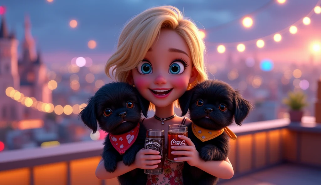 cute blonde girl, 2 adorable black shih tzu puppies, big blue eyes, bright collars and bandanas, holding bottle of jack daniels and coke, two shot glasses, party on disney rooftop, 3D Pixar style, photorealistic, best quality, 8K, masterpiece, hyperdetailed, vivid colors, cinematic lighting, dynamic composition, adorable, playful, charming, whimsical