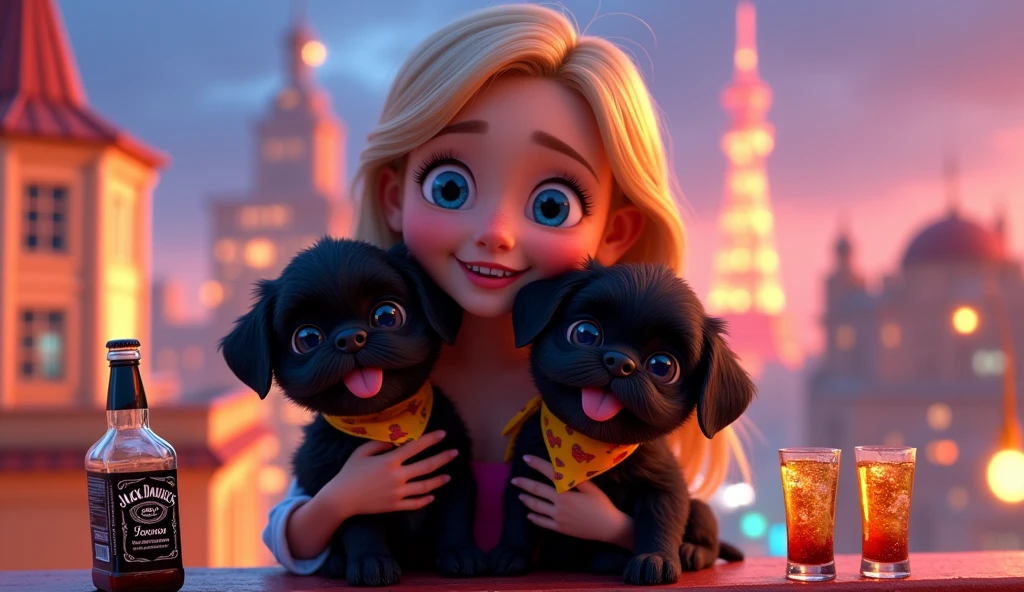 cute blonde girl, 2 adorable black shih tzu puppies, big blue eyes, bright collars and bandanas, holding bottle of jack daniels and coke, two shot glasses, party on disney rooftop, 3D Pixar style, photorealistic, best quality, 8K, masterpiece, hyperdetailed, vivid colors, cinematic lighting, dynamic composition, adorable, playful, charming, whimsical