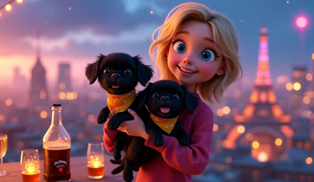 cute blonde girl, 2 adorable black shih tzu puppies, big blue eyes, bright collars and bandanas, holding bottle of jack daniels and coke, two shot glasses, party on disney rooftop, 3D Pixar style, photorealistic, best quality, 8K, masterpiece, hyperdetailed, vivid colors, cinematic lighting, dynamic composition, adorable, playful, charming, whimsical