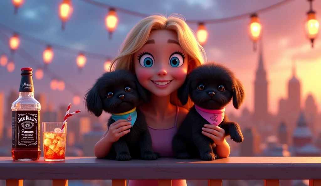 cute blonde girl, 2 adorable black shih tzu puppies, big blue eyes, bright collars and bandanas, holding bottle of jack daniels and coke, two shot glasses, party on disney rooftop, 3D Pixar style, photorealistic, best quality, 8K, masterpiece, hyperdetailed, vivid colors, cinematic lighting, dynamic composition, adorable, playful, charming, whimsical