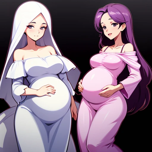 2 women,Mom and grandma,35 years old,人妻 A pregnant woman,pregnant,pregnant,pregnant with twins,10 months pregnant,Pretty Face,Sexy body,Long hair,wearing white transparent off-the-shoulder dresses,Sexy pajamas