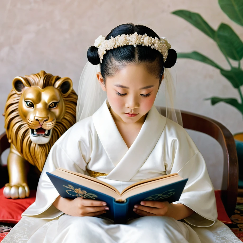 Portrait of Cancerian Child in Bridal Style Reading in her book, Home, Cleanliness Theme, Japanese Culture, 2000s Era, Libran Energy, Libra Style Art, Lion Embodiment