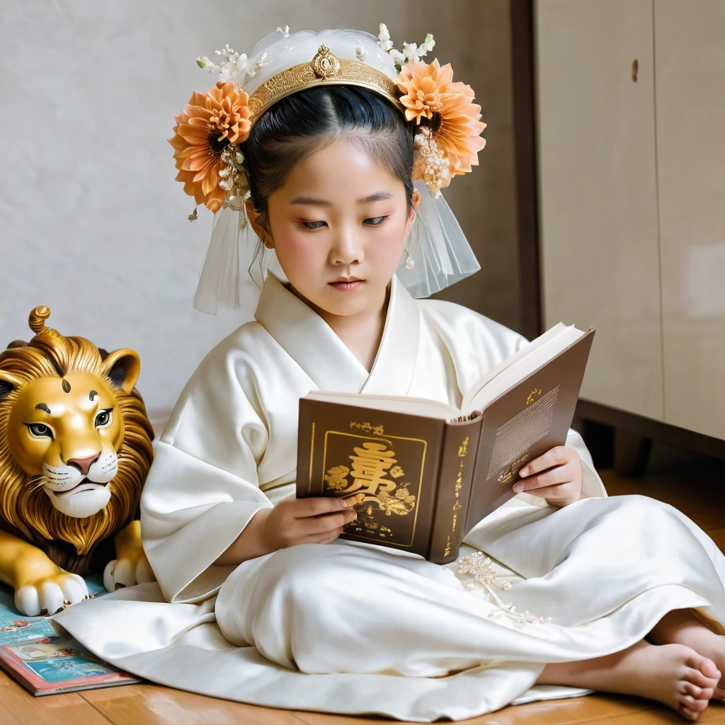 Portrait of Cancerian Child in Bridal Style Reading in her book, Home, Cleanliness Theme, Japanese Culture, 2000s Era, Libran Energy, Libra Style Art, Lion Embodiment