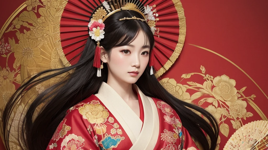 This image depicts an ancient Japanese noblewoman in traditional attire. She is wearing a kimono decorated with intricate patterns and bright colors such as red and gold. The noblewoman has long, flowing black hair and wears a decorative headdress with fan and flower motifs. The background is traditional Japanese, giving it an antique, historical feel. The overall style is that of classical Japanese art, with delicate and detailed paintings.