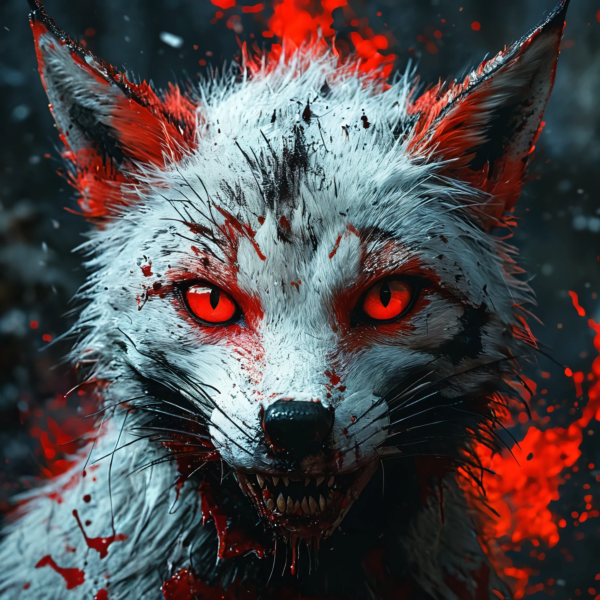 A fierce and terrifying demonic anthropomorphic fox standing amidst a dark and eerie setting. Its fur is intricately detailed, mottled with shades of black and crimson. Sharp, gleaming claws rip through flesh with brutal intensity, while blood splatters and gore create a gruesome scene. The fox’s eyes glow a malevolent red, its sinister expression amplified by rows of jagged, razor-sharp teeth. The overall atmosphere is one of dread and horror, capturing the essence of a monstrous being reveling in chaos and carnage, Dark and eerie atmosphere
Intense, brutal, Blood, gore, Sharp teeth, claws, Glowing red eyes, Sinister expression, Detailed fur texture, Vivid, realistic, BREAK, (best quality,8k,highres,masterpiece:1.2),ultra-detailed,(realistic,photorealistic,photo-realistic:1.37),HDR,UHD,studio lighting,ultra-fine painting,sharp focus,physically-based rendering,extreme detail description,professional,vivid colors,dark,gritty,horror,cinematic,dramatic lighting
