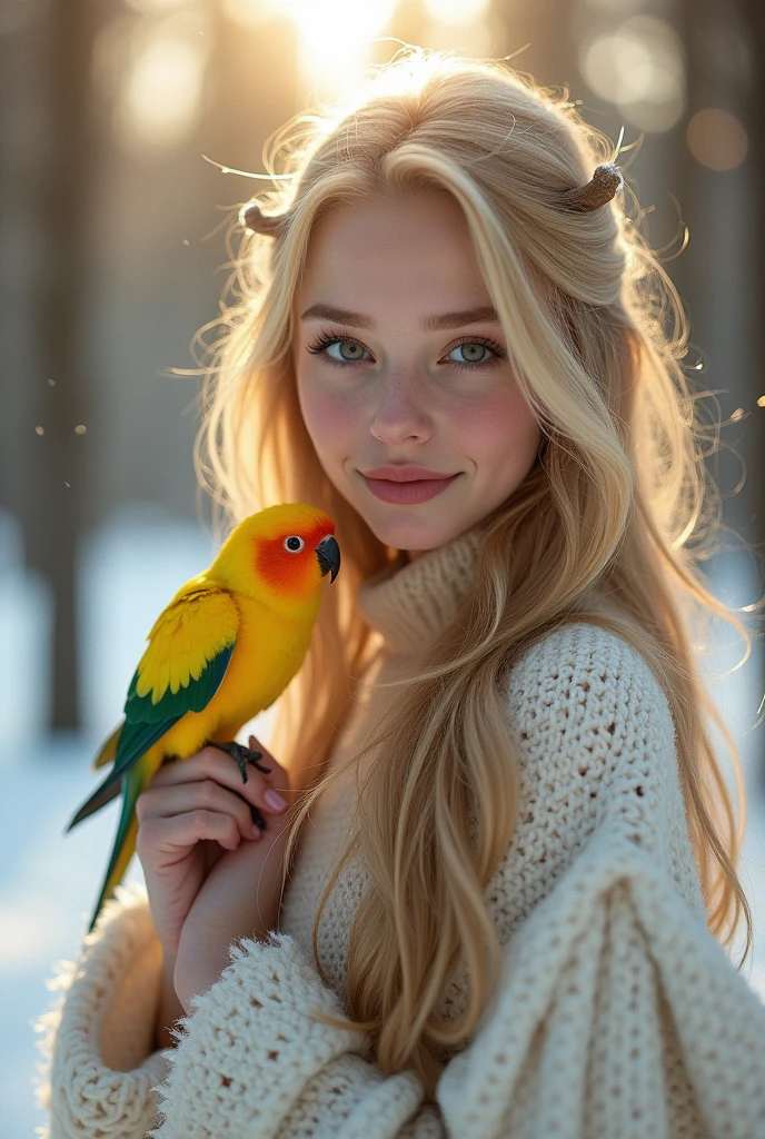 a beautiful girl with long blonde hair, detailed eyes, nose, and lips, in the snow with a Lovebird Opline on her hand, a woman who looks like alisha lehmann, realistic, (best quality,4k,8k,highres,masterpiece:1.2),ultra-detailed,(realistic,photorealistic,photo-realistic:1.37),detailed facial features, beautiful flowing hair, soft skin, snow covered forest background, warm lighting, depth of field, intricate details, cinematic composition, dramatic lighting, muted color palette, atmospheric haze
