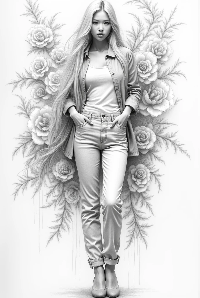 a detailed pencil sketch portrait of a young chinese woman, long white hair flowing down to her feet, wearing a shirt and canvas pants, high heels, beautiful detailed eyes, beautiful detailed lips, extremely detailed face, longeyelashes, intricate background, detailed textures, chiaroscuro lighting, dramatic shadows, fine crosshatching, subtle tones, soft edges, masterpiece, (best quality,8k,highres,masterpiece:1.2),realistic,photorealistic,photo-realistic:1.37), studio lighting, ultra-fine art, sharp focus, physically-based rendering,professional,vivid colors,portrait