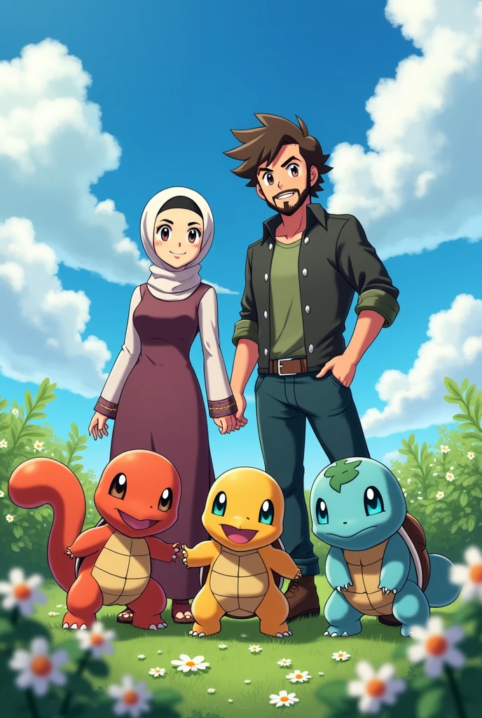 (Please pay attention to all the points I write and take it into the picture)
3 adults, I am a Pokemon trainer with a hijab, fair skin, brown eyes, curvy body with long clothes
Then my brother, a Pokemon Trainer, with medium length curly hair and full beard, sturdy, leicht gebräunt und brown eyes.
Then my husband, a Pokemon Trainer, with a bald head, slightly red full beard, sturdy, white skin and green-blue eyes.
The three of us have the starter Pokémon from Kanto, Glumanda, schiggi und bisasam