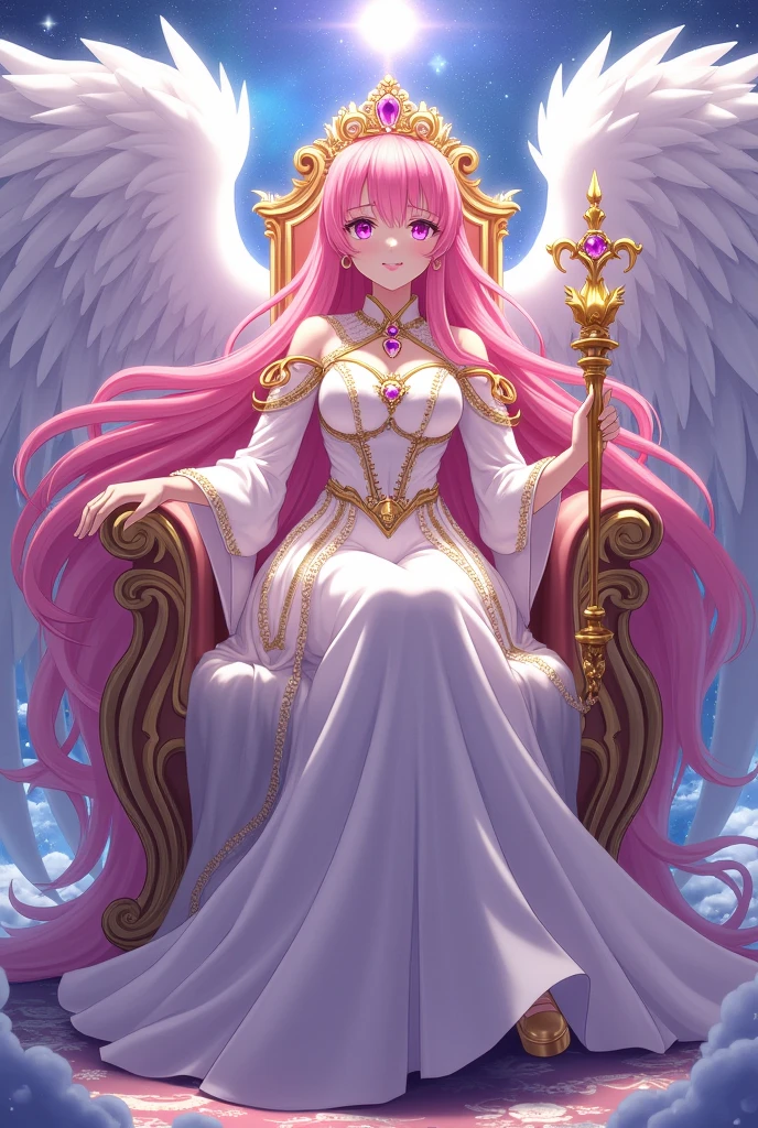 Anime Woman,Sister model,beautiful,elegant,Let your hair down to the floor with pink hair.,Purple-pink eyes in hexagonal star shape,White dress with floor-length skirt,Wear a long-sleeved gold dress,White and gold dress,Wear a gold star necklace,wearing gold shoes,Wearing a golden crown with purple diamonds,Wearing luxurious clothes,Has luxurious white wings,Goddess figure holding a golden scepter,With a background of bright stars,Sitting on the throne