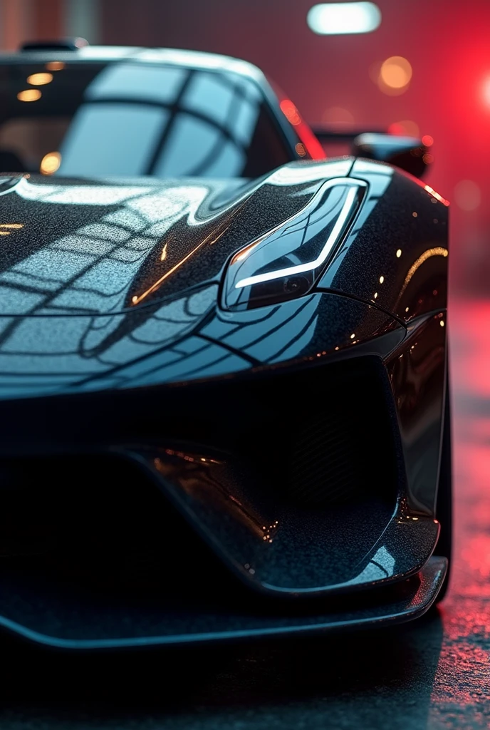 a detailed, highly realistic photograph of a sleek, modern sports car, glossy black paint, chrome trim, low-angle perspective, dramatic lighting, vivid colors, cinematic depth of field, photorealistic, 8k, HDR, studio lighting, physically-based rendering, ultra-fine details