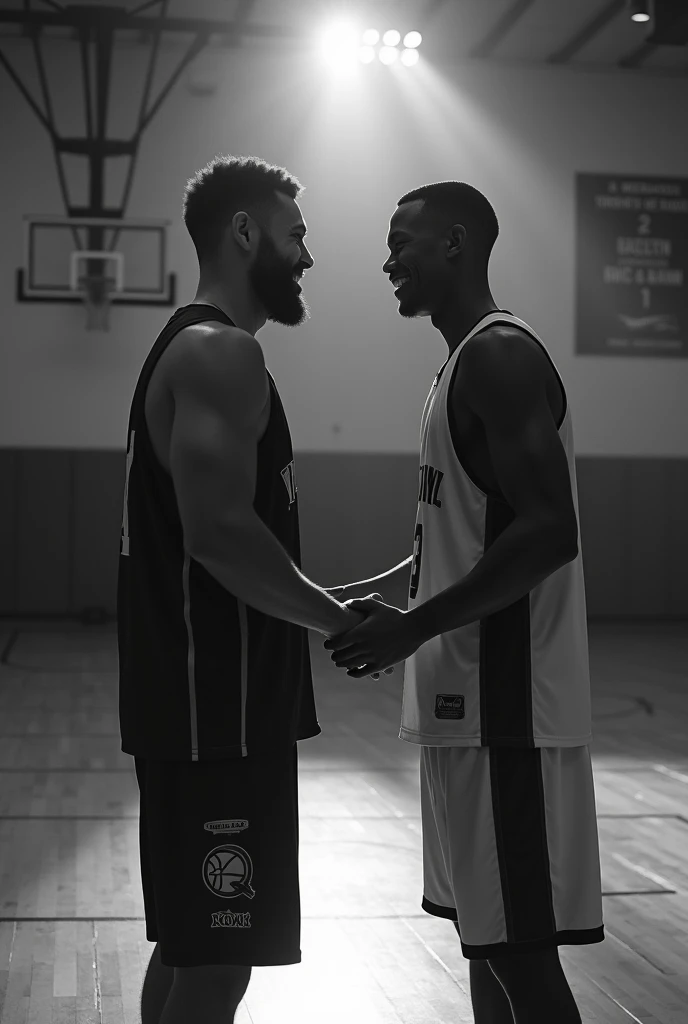 Two basketball players shaking hands in black and white