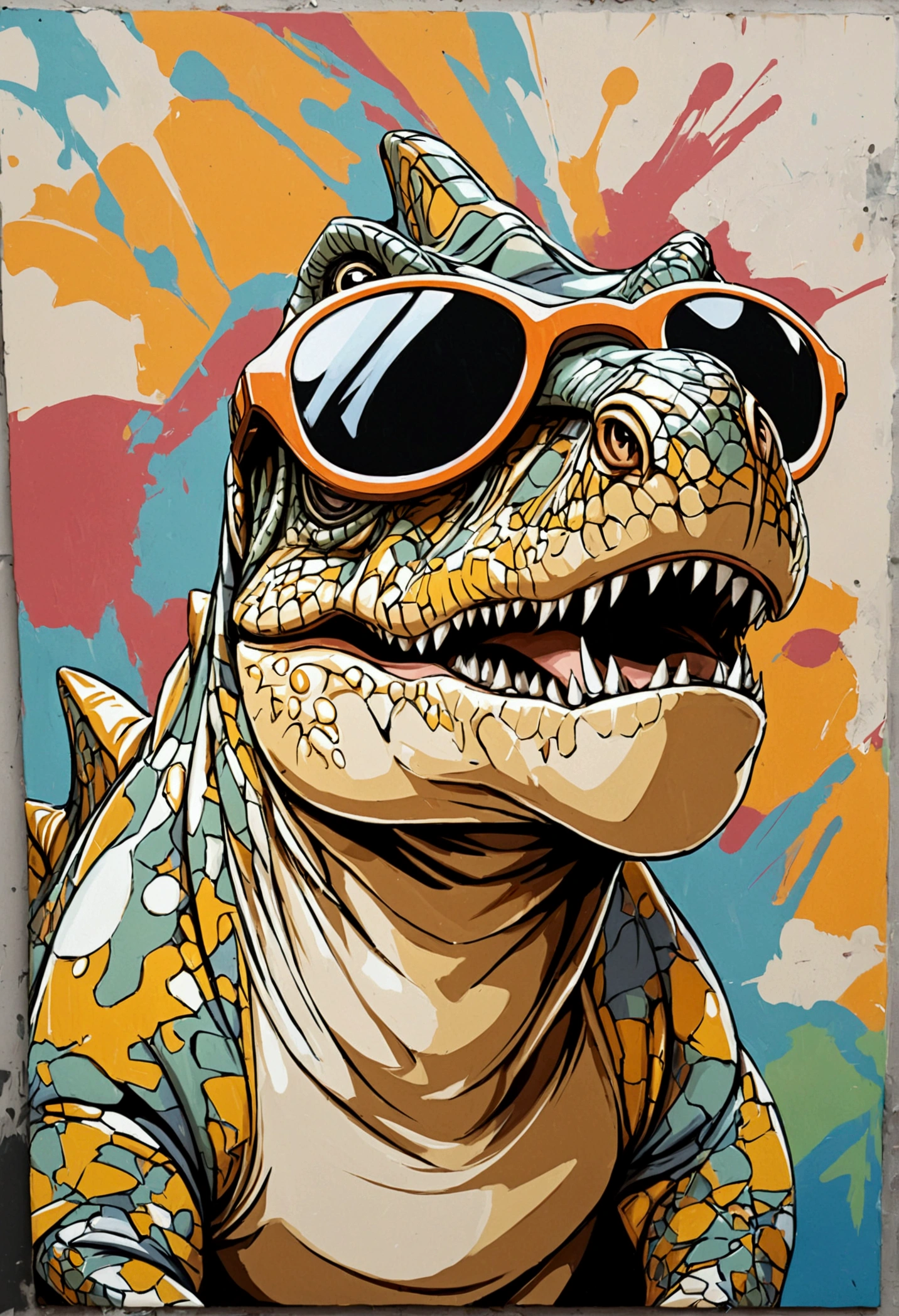 Dinosaurier in light brown white with sunglasses, pop art, graffiti