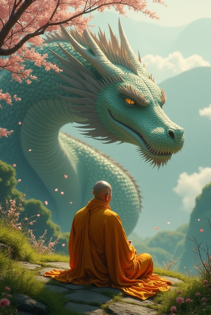 A monk meditating in front of a sleeping dragon