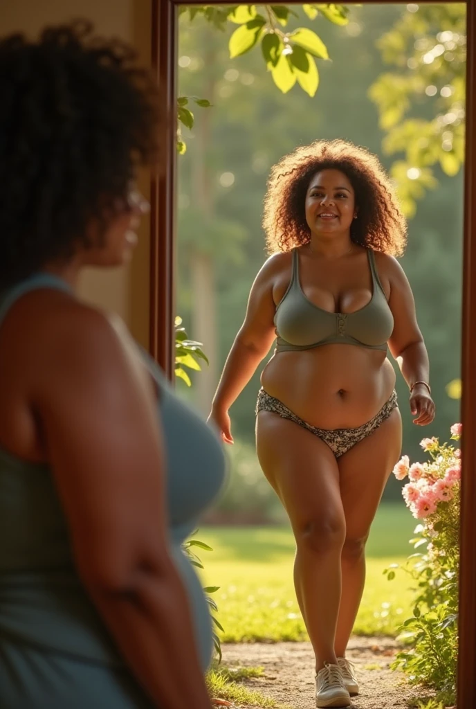 I want an image of a fat woman looking in the mirror frustrated with what she sees. Then her, thin and active.