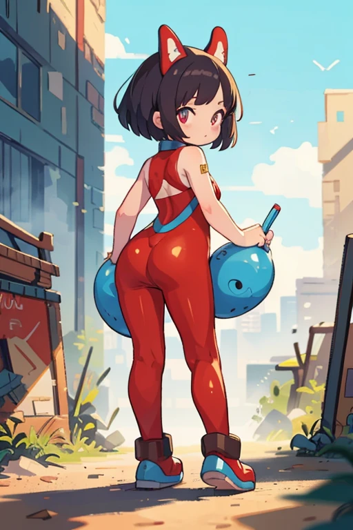 (best quality, highres, masterpiece:1.2),ultra-detailed, realistic:1.37, professional, vivid colors, bokeh, (HDR,UHD),studio lighting,extremely detailed eyes, detailed lips, A with a plump butt pointing upwards、Full body shot、((Be careful when drawing fingers:1.2))、Wearing a well-worn tanned leather bodysuit、beautiful body line((Mainly the lower body))pose to show off、((Looking back while leaning forward))、Sentai heroine style costume、A tanned leather bodysuit that looks easy to move in and comes with accessories.、Show off her lovely lower body line、A ruined city filled with dust and smoke、Desolate cityscape、A pose as if trying to run towards the back of the screen, FOCUS HANDS ON HER HIPS, FOCUS SHE IS SHOWING HER ASS.