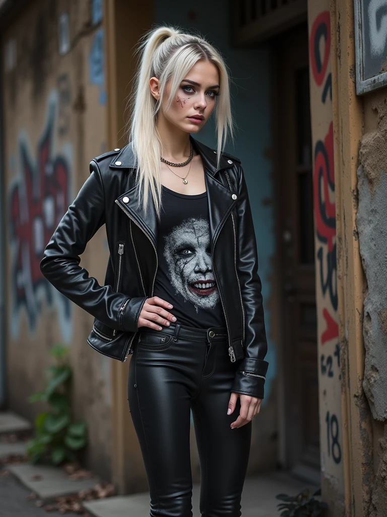 Russian milf, platinum blonde hair in ponytail ,with very light blue eyes, pale, smeared heavy makeup. Wearing black moto jacket, rock t-shirt , black leather jeans and white tennis sneakers.. Sad face, crying