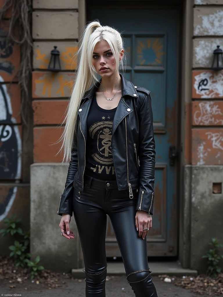 Russian milf, platinum blonde hair in ponytail ,with very light blue eyes, pale, smeared heavy makeup. Wearing black moto jacket, rock t-shirt , black leather jeans and white tennis sneakers.. Sad face, crying