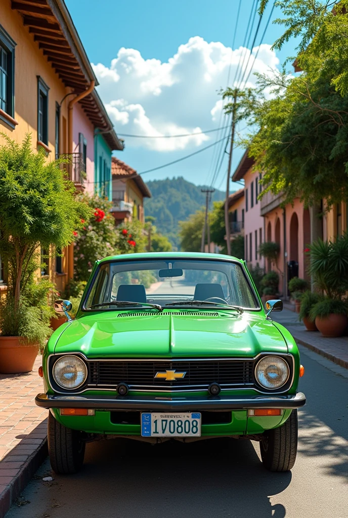 Create a painting of a green Chevette car with the Chevrolet logo on the front, parked on a street with old houses..