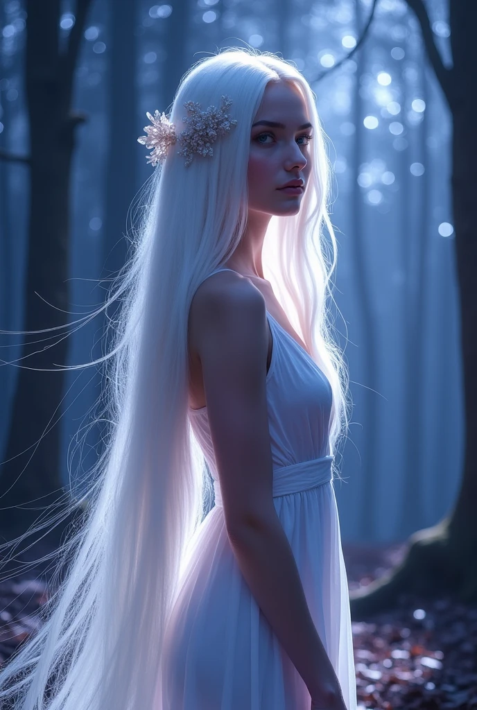 white woman with long hair and white streaks, sapphire eyes